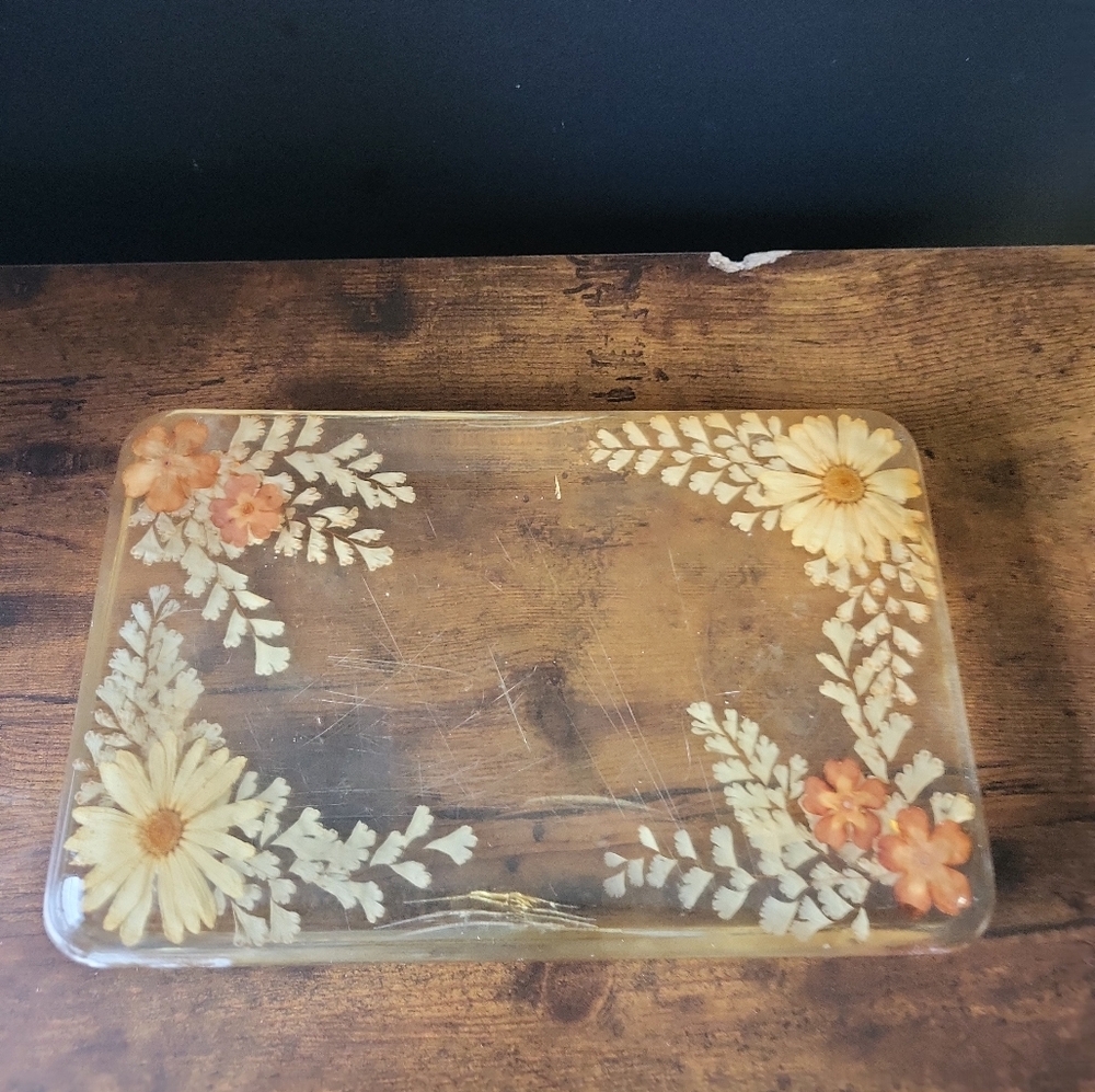 Vintage 1970s Resin Tray with Pressed Flowers